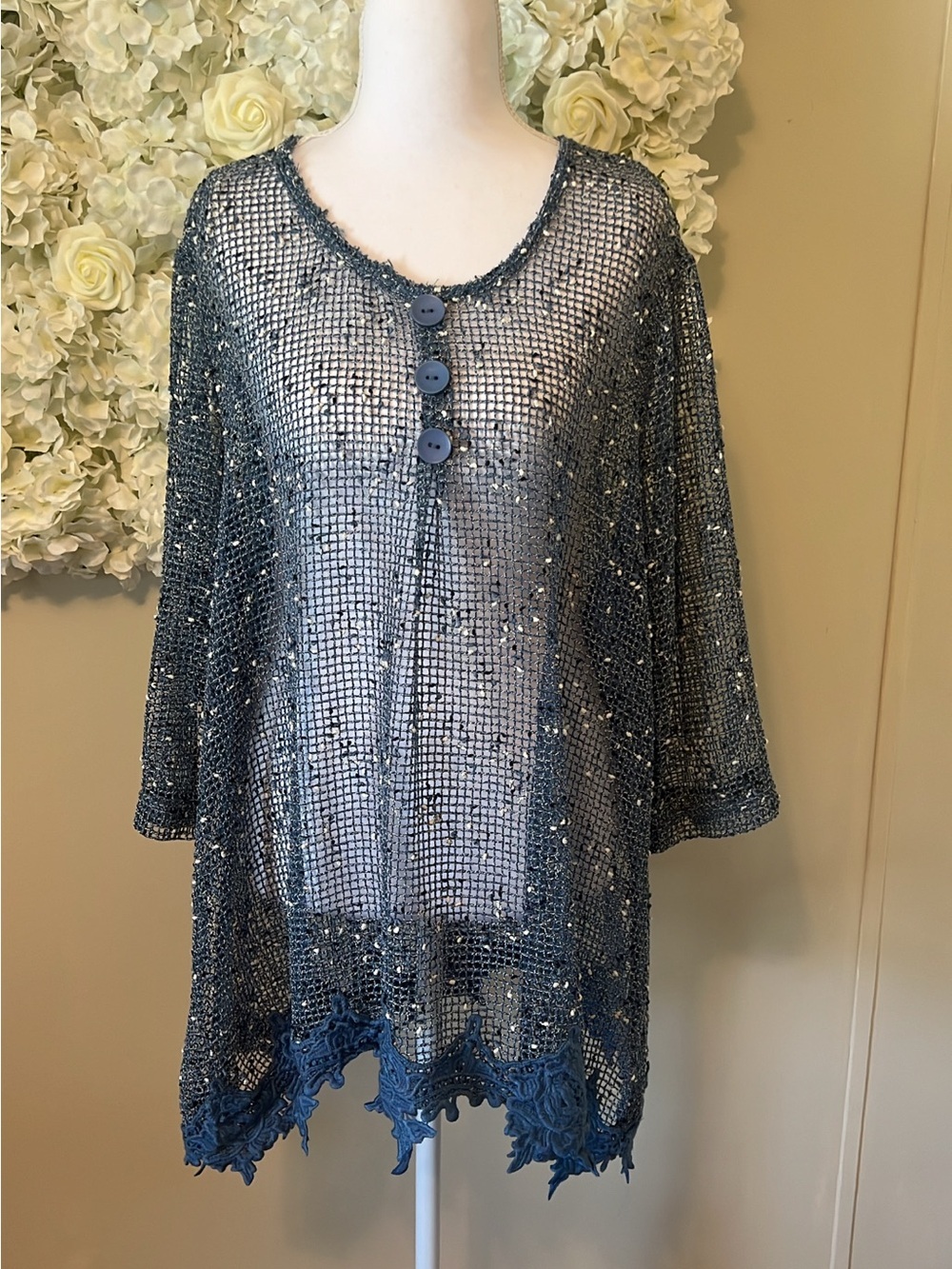 Blair Blue Open-Weave Knit Tunic Dress Swim Cover Up